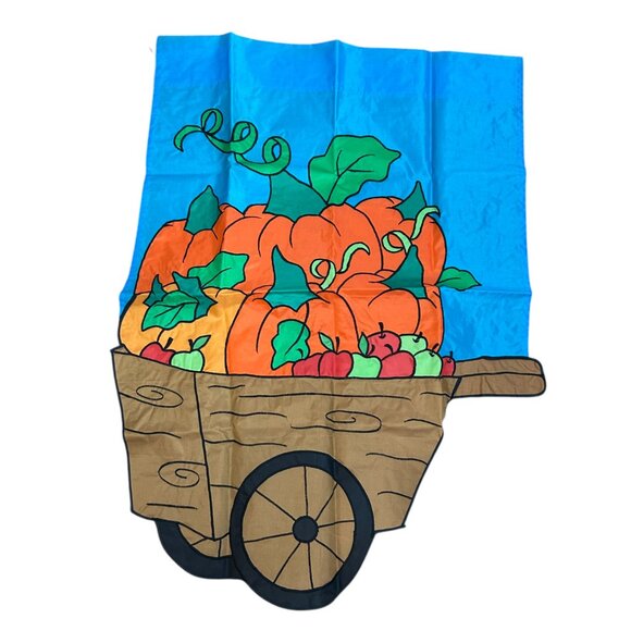 Vintage Garden Yard Flag Pumpkins Apples Wheel Barrow Cart Fall Autumn Nylon - Picture 9 of 9